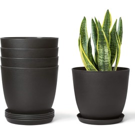 Ukipos Juego de 5 Macetas de plástico para Interiores, Decorativas y Modernas para Jardinería con Orificio de Drenaje y Bandeja para Todas Las Plantas de la Casa, Flores, Hierbas (Negro)