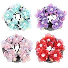 4PCS Girls Ballet Bun Covers Flower with Pearl Shaped Dance Snood Hair Net Accessories Mesh String Bobbles Elastic Band for Dancers Skating