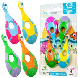 Baby Toothbrush 12 months and up - Toddler Toothbrush - Soft Bristles - Child Sized Brush Heads - infant toothbrush - Kids Tooth Brush - Easy Storage - Unisex Girl & Boy Set (4-Pack, Multi-Color)