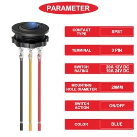 MKBKLLJY MKBKLLJY 3Pcs Round Rocker Switch Blue LED DC 20A 12V/10A 24V 3Pin Wired LED Light Power On Off Switch SPST Lighted Toggle Switch with Locked Terminal Wires for Car Truck RV Vehicle Marine Yacht