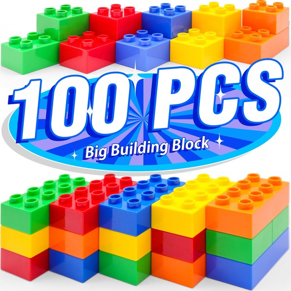Building Blocks Set, 100 Pieces, 2x2 & 2x4 Shapes, Large