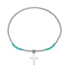AeraVida Meaningful Faith Cross Simulated Green Turquoise Charm .925 Sterling Silver Beaded Bracelet