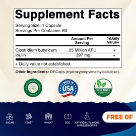 Vitamatic Clostridium butyricum 25 Million - Gut Health - 60 DR Capsules (Delayed Released) - Made with Prebiotic Inulin Fiber