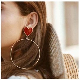 Cimenexe Bohemian Love Heart Stud Earrings Gold Exaggerated Circle Drop Earrings Large Hoop Dangle Earrings Red Heart Love Earrings Jewellery for Women and Girls Gifts