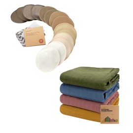 KeaBabies Nursing Breast Pads and 4-Pack Muslin Swaddle Blankets for Baby Boys, Girls - 14 Washable Pads + Wash Bag, Baby Blankets for Girl, Boy