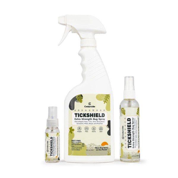 Cedarcide Extra-Strength Tickshield Kit | Deep Woods Cedar Oil Spray Kills & Repels Ticks, Fleas, Chiggers & Mosquitoes | Safe For People & Pets | Natural Essential Oils | Small