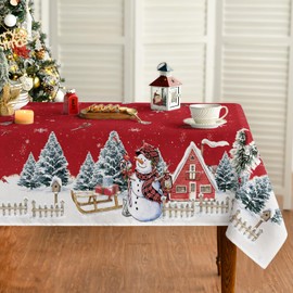 Artoid Mode Red House Trees Snow Snowman Christmas Table Cloth, Rectangular 140x160 cm Xmas Table Cover Protector For Party Home Table Decorations