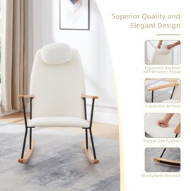 TREATLIFE HOME Adjustable Headrest Pillow Rocking Chair, Teddy Fabric Upholstered Glider Rocker with High Backrest, Modern Accent Chair, White