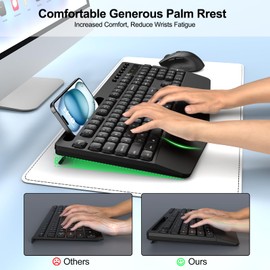 Wireless Keyboard and Mouse Combo, Full-Sized Ergonomic Keyboard with Wrist Rest, Phone Holder, Sleep Mode, Lag-Free, Silent 2.4GHz Cordless Computer Keyboard Mouse for Laptop, PC, Window(Black)