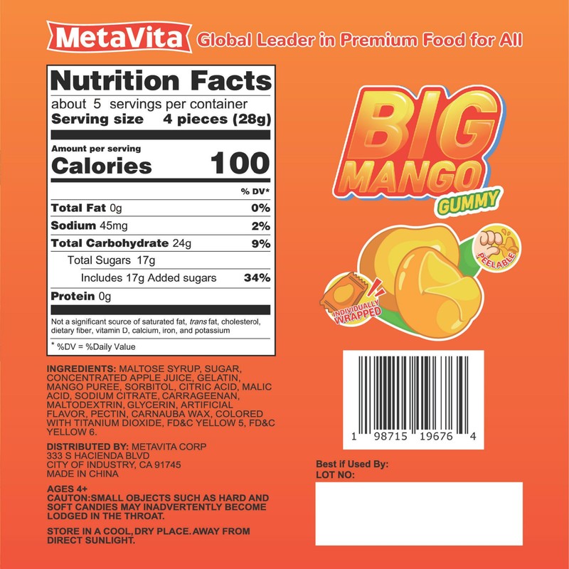 MetaVita 5oz- Big Mango Gummy Candy – Individually Wrapped Peelable