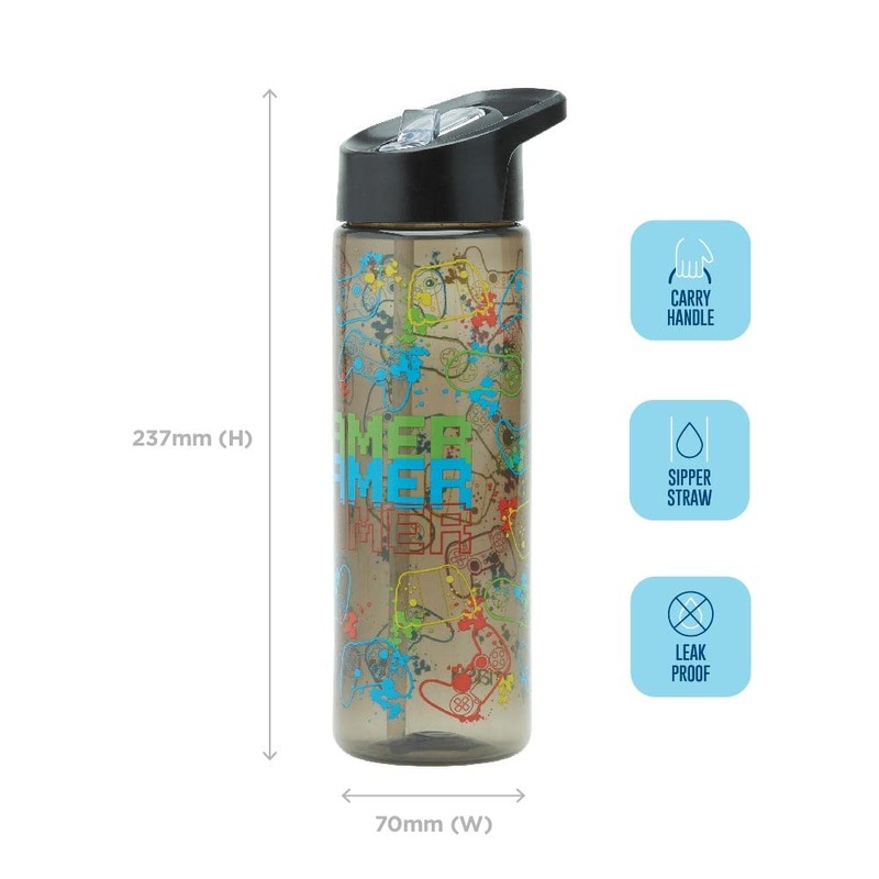 Smash Gamer Water Bottle with Straw 700ml, Black, Balck
