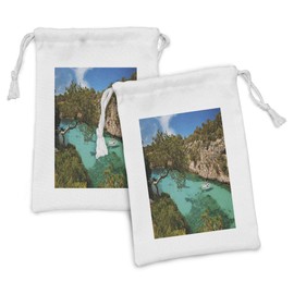 Ambesonne Nature Fabric Pouch Set of 2, Small Yacht Floating in Sea Majorca Spain Rocky Hills Forest Trees Scenic View, Small Drawstring Bag for Toiletries Masks and Favors, 9" x 6", Green Aqua Blue