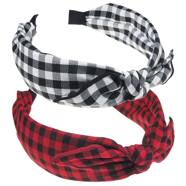 VIVIAN & VINCENT 2 Pack of Womens Vintage Plaid Headbands Headwraps Hair Band with Bow Valentines Gifts for Her Buffalo Plaid Checker Red Black
