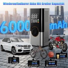BOOTEEK 6000mAh Tragbare Elektronische Luftpumpe,150PSI Wiederaufladbare Akku Luftpumpe Fahrradpumpe Elektrisch mit Manometer und LED-Licht,5 Modi und 4 Ventile, für Autos Motorräder Fahrräder Bälle