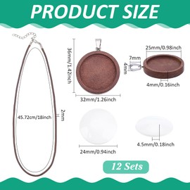 PH PandaHall 12 Sets Wood Embroidery Necklace Kit Pendant Tray Set Embroidery Pendant Kit Round Pendants Trays Base Blank Bezel with Cabochons and Ropes for Necklace Earring Jewelry DIY, Brown, 25mm