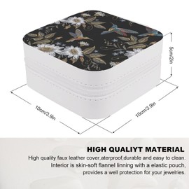 Donnapink Humming Bird and White Chamomile Flower Embroidery on Black Woman PU Leather Jewelry Box, Small Travel Display Storage Organizer Case Bag Holder for Rings, Earrings, Necklaces, Bracelets