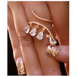 Yheakne Boho Crystal Tassel Ring Gold Rhinestone Dangle Ring Dangling CZ Fring Ring Adjustable Half Open Ring for Women and Girls Gifts