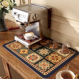 Lilithmanor Coffee Mat, Boho Style Dish Drying Mat, Fast Water Absorption, Hide Stains, Easy to Clean, Fit Coffee Bar Accessories, Bar Mats for Countertop (16"x21", Blue Checkered)