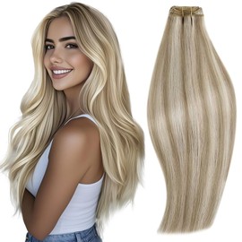 RUNATURE Blonde Weft Hair Extensions Human Hair Highlight Ash Brown Sew in Weft Extensions Remy Human Hair Weft Extensions Straight 18 Inch 100 Gram