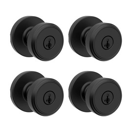 Kwikset Maven Entry Door Knob with Lock and Key, Secure Keyed Handle Exterior, Front Entrance and Bedroom, Matte Black, 4 Pack, Pick Resistant SmartKey Rekey Security and Microban