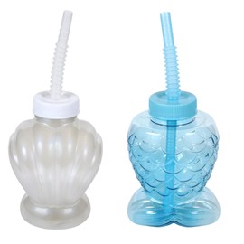 LSANDM Beach Themed Plastic Cups with Straw Shell and Mermaid Tails Decorative Drink Cup for Cold Beverages Smoothie Water Bottle Outdoor Summer Beach Travel Party Fun Decoration 2 Pack with Oggeto