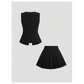 MakeMeChic Women's 2 Piece Suit Sets Metal Button Down Vest Top and Pleated Mini Skirt Set Black Large