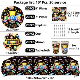 Bingo Party Supplies - Bingo Party Tableware - Dinner Plates Desserts Plates Cups Napkins Tablecover Straws for Game Night Party Supplies, Serves 20 (20)