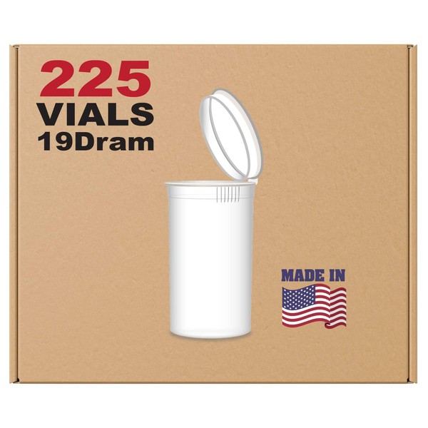 W Gallery 225 White Vials - 19 DRAM Pop Top Bottle - Airtight Smell Proof Containers - Medical Grade Plastic Prescription Bottles for Pills Herbs Flowers Supplements, Bulk Pack, Not Glass Jars