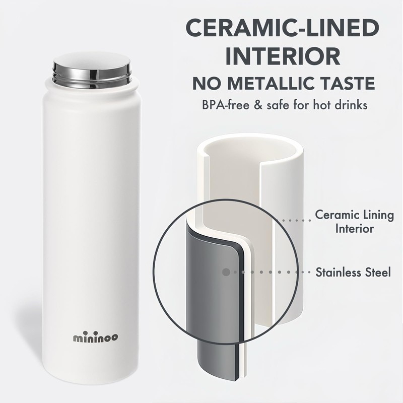 Mininoo 24 oz Insulated Ceramic-Lined Water Bottle with Straw, White