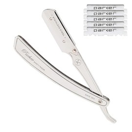 Parker SRX - Maquinilla de afeitar profesional de borde recto 100% acero inoxidable para hombres y 5 cuchillas Parker de borde recto premium – Diseñad