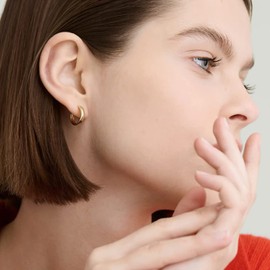 KRFY Sterling Silver Hoop Earrings for Women Girls 14K Vermeil Gold Plated 3 mm Chunky Gold Hoop Earrings Sleeper Earrings Bold Huggie Small Medium Ball Stud Earrings 12/18/25 mm, Gold