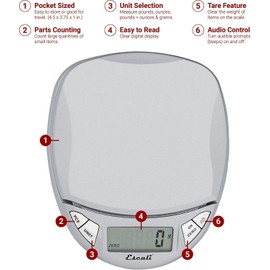 Escali Pico N115S Kitchen, Office Scale, Tare Functionality, Compact Design, LCD Digital Display, 11lb Capacity, Silver/Grey