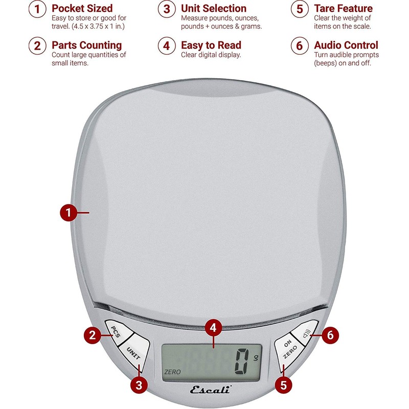 Escali Pico N115S Kitchen, Office Scale, Tare Functionality, Compact Design,