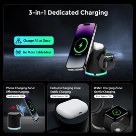 Qi2 Wireless Charger Stand, 3-in-1 Wireless Charging Station, Magnetic Phone and Smart Watch Charger Portable, Car Magsafe Phone Stand with RGB Gradient Light, Compatible with iOS 13+, AirPod