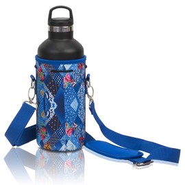 Made Easy Kit Neoprene Water Bottle Carrier Holder with Adjustable Shoulder Strap for Insulating & Carrying Water Container Canteen Flask Available in 5 Sizes (Blue Abstract, L (32oz / 1.5L))