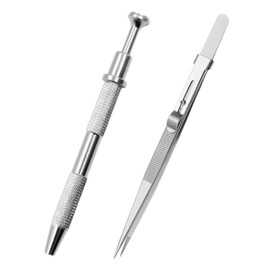 2 PCS Jewelry Tweezer Piercing Kit, Piercing Ball Grabber with 4 Grippers, Stainless Steel Jewelry Locking Tweezers, Diamond Holder Pick up Tool for Small Parts, IC Chip Electronic Components
