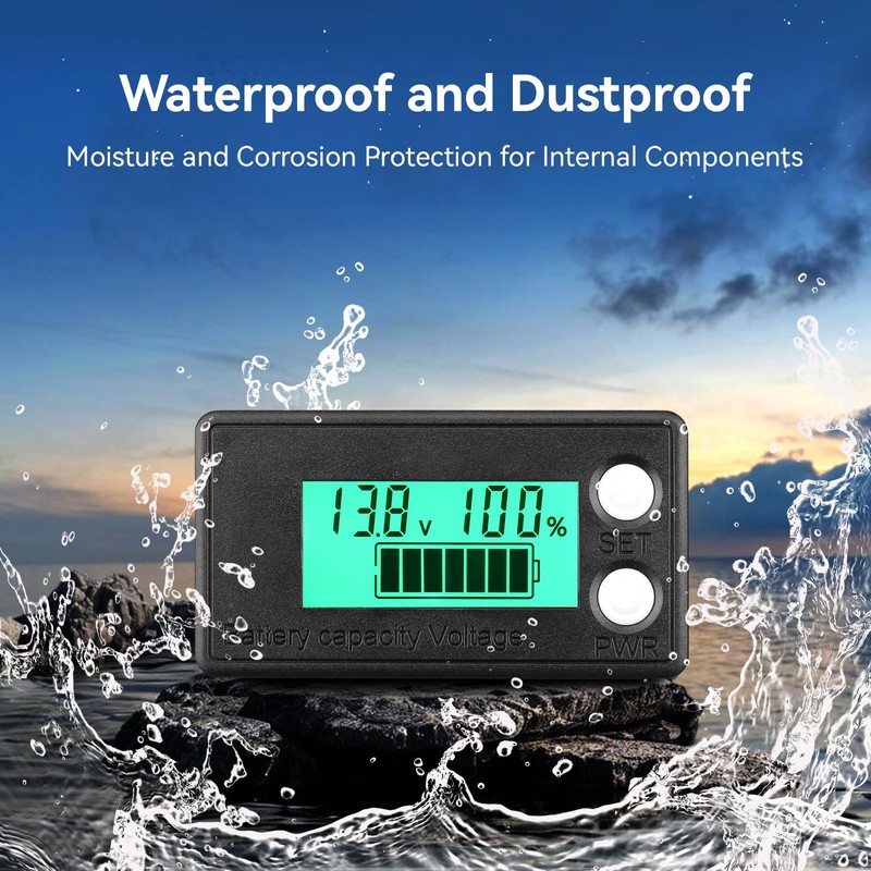 DROK Waterproof Battery Monitor 8-100V, Volt Meter Battery Capacity Tester