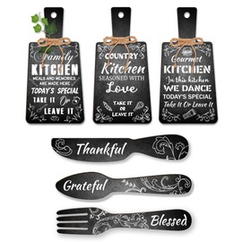 PH PandaHall 6pcs Cutting Board Eat Sign Set Black and White Chalk Text Wooden Hanging Signs, Rustic Dining Sign Decoration Fork and Spoon Wall Decor for Kitchen and Home Decoration Art