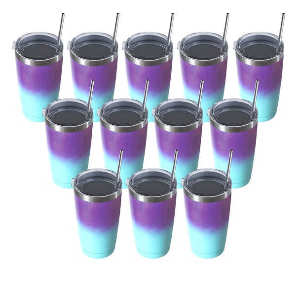 MUCHENGHY 20oz Stainless Steel Tumbler with Lid and Straw, Double Wall Vacuum Insulated Travel Coffee Mug, Paint Spraying Coated Metal Tumblers for Cold & Hot Drinks(Rainbow Purple, 12 Pack)