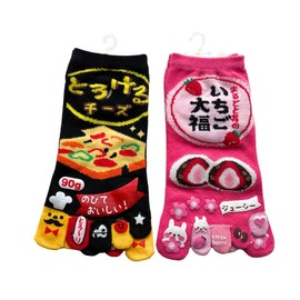 [Mode Select] Women's 5 Toe Socks, Characters, 2 Pairs Set, Thin, Summer, Ankle-Length, Strawberry Daifuku, Melting Cheese, 5-Toe Socks, Cute, 2 Patterns, Set of 2 Pairs, Black, Pink, Orange, Red,