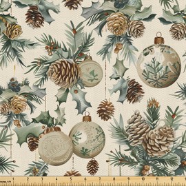 Ambesonne Christmas Fabric by The Yard, Vintage Merry Xmas with Pine Cones Globes and Pine Leaves Illustration, Decorative Fabric for Upholstery and Home Accents, 1 Yard, Brown Green and Blue