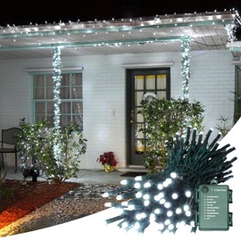 LAMPHOME 34.1FT 100 LED Battery Operated Christmas Tree Lights Indoor Outdoor Cluster String Light with Timer 8 Modes Dark Green Wire Fairy Light Xmas Patio Bedroom Garden Decorations (White)