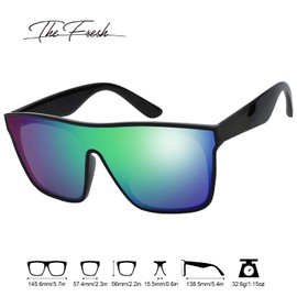 The Fresh Square Flat Top Sunglasses for Men Women Shield Lens Glasses (6225RV04 Shiny Black, Green Mirror)
