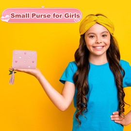 Girls Purse, Cute Slim Short Small Kids Wallet with Embroidery Hearts, PU Leather Ladies Purse with Tassel Zipper for Teens Girls Women (Pink)