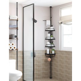 HAA Strong Shower Storage Caddy,SturdyTension Corner Pole Caddy,Commercial Grade Rustproof Bathroom Bathtub Adjustable Corner Rack (Black)