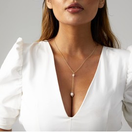 Kyerlyn Dainty Y Shape Necklace with Pearl 14K Gold Plated Freshwater Pearl Pendant Lariat Necklace Cute Adjustable Necklace Delicate Simple Fashion Jewelry Gift for Women
