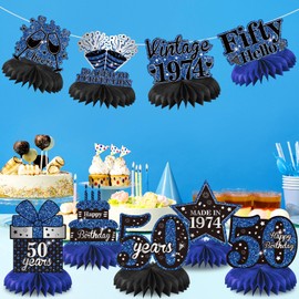 9PCS Blue Black 50th Birthday Decorations Vintage 50th Birthday Honeycomb Centerpieces, Blue Black Happy 50th Birthday Table Toppers Centerpieces for Men Women Vintage 1974 Birthday Party Decorations