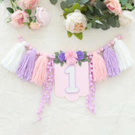 HODIHIWI Handmade Wildflower 1st Birthday High Chair Banner Purple Pink Floral Theme Party Decoration For Girls Wall Hangings Decorative
