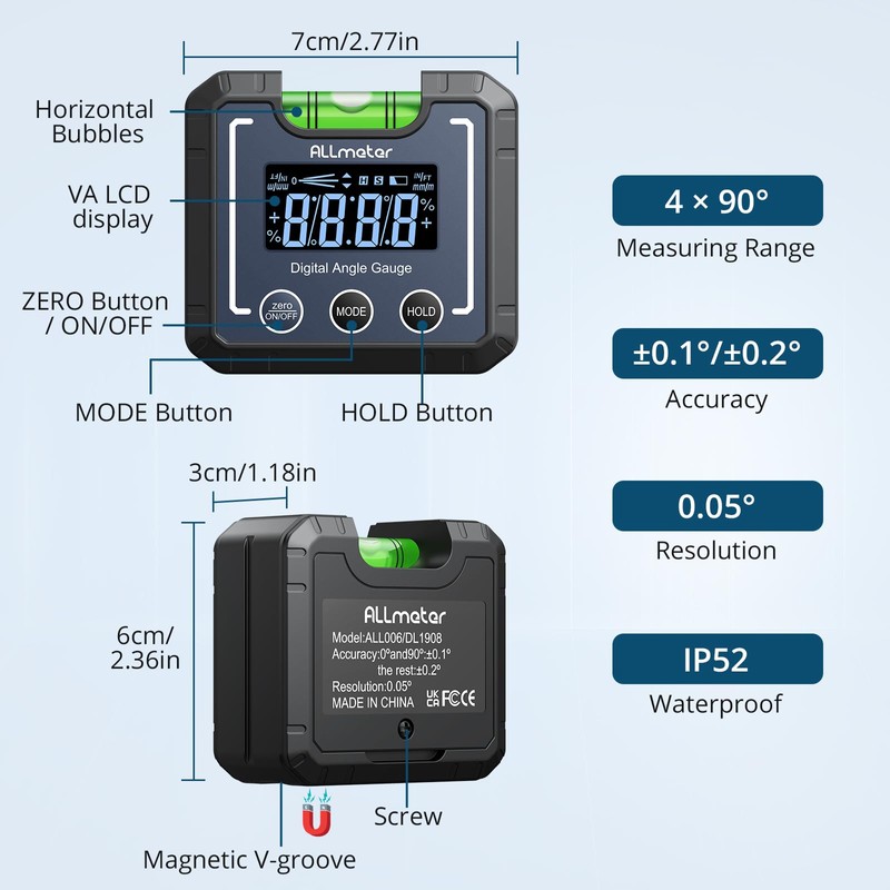 ALLmeter Digital Angle Gauge,0.05° High Precision Inclinometer with Magnetic Base