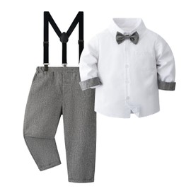 Volunboy Baby Boys Gentleman Suit, Toddler Formal Bow Tie Shirts + Suspenders Pants 4PCS Outfit(3-4 Years,Tag Size 110,Dark Grey)